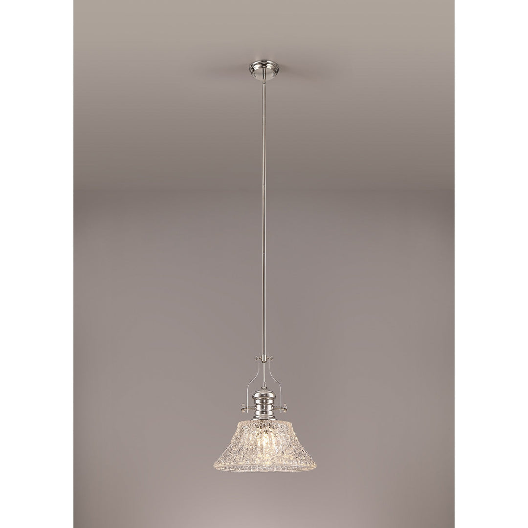 Nelson Lighting NLK04659 Louis Pendant With 38cm Patterned Round Shade Polished Nickel/Clear Glass