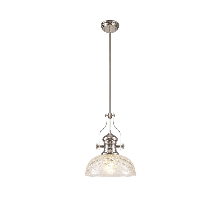 Nelson Lighting NLK04669 Louis Pendant With 30cm Flat Round Patterned Shade Polished Nickel/Clear Glass