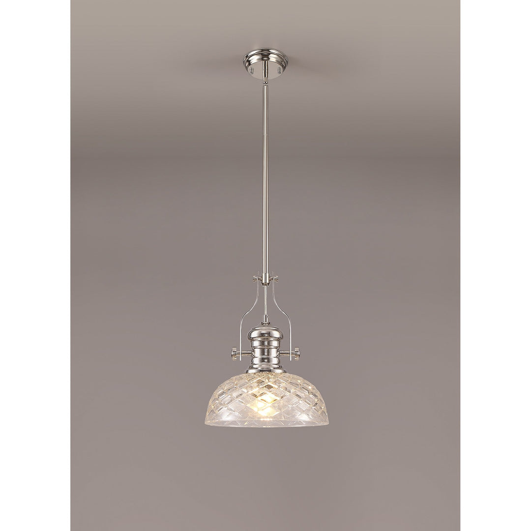 Nelson Lighting NLK04669 Louis Pendant With 30cm Flat Round Patterned Shade Polished Nickel/Clear Glass