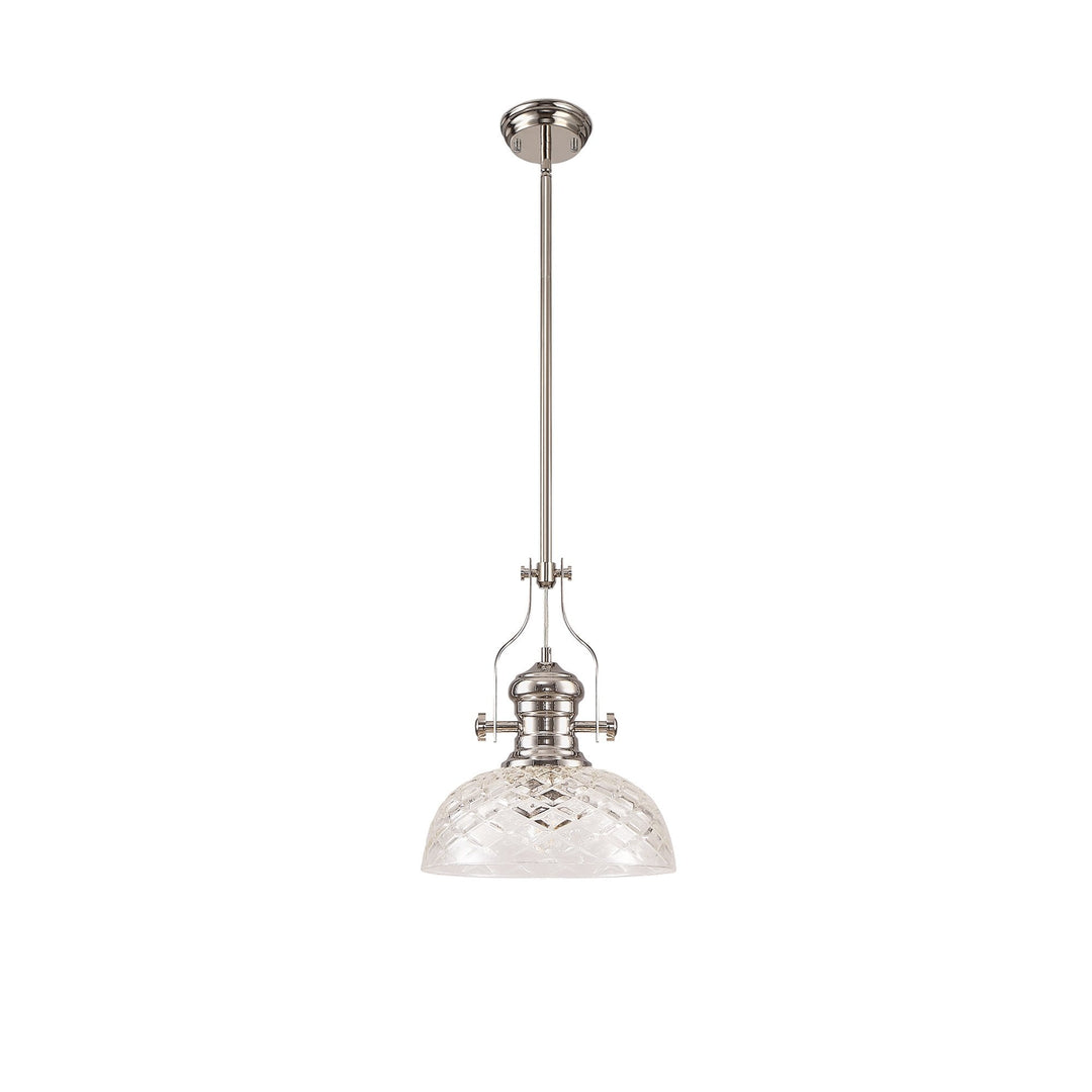 Nelson Lighting NLK04669 Louis Pendant With 30cm Flat Round Patterned Shade Polished Nickel/Clear Glass