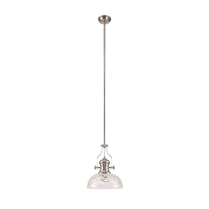 Nelson Lighting NLK04669 Louis Pendant With 30cm Flat Round Patterned Shade Polished Nickel/Clear Glass