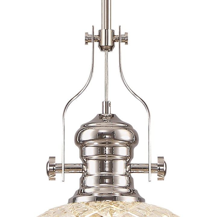 Nelson Lighting NLK04669 Louis Pendant With 30cm Flat Round Patterned Shade Polished Nickel/Clear Glass