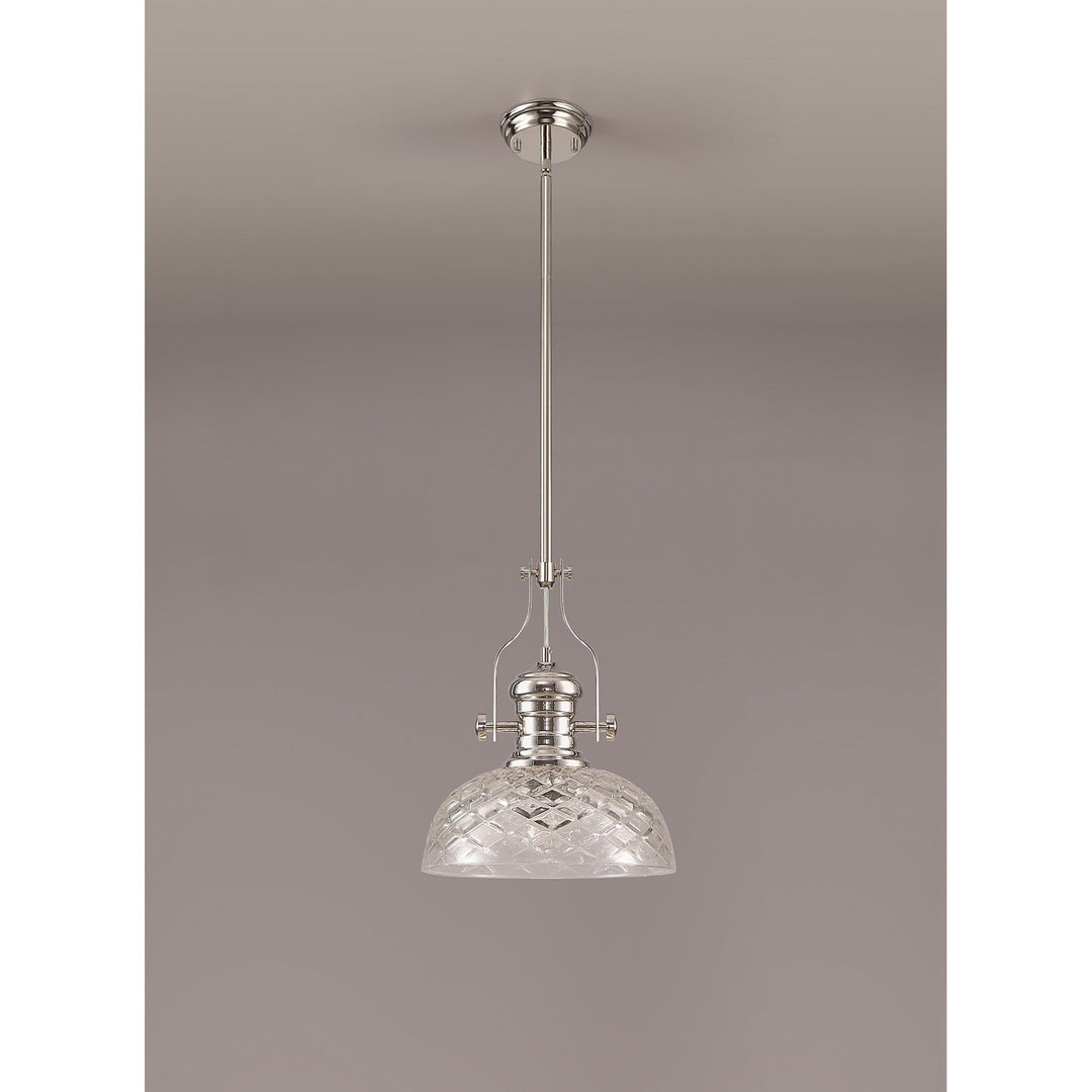 Nelson Lighting NLK04669 Louis Pendant With 30cm Flat Round Patterned Shade Polished Nickel/Clear Glass