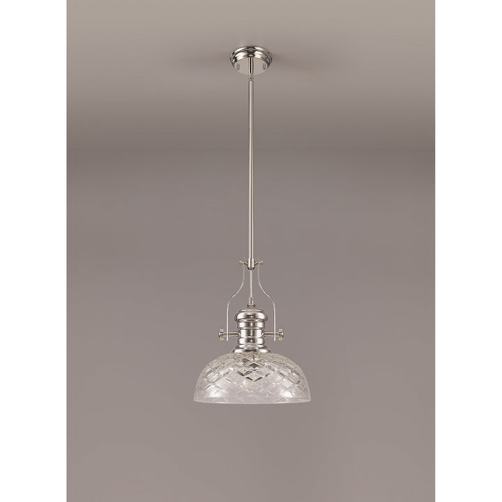 Nelson Lighting NLK04669 Louis Pendant With 30cm Flat Round Patterned Shade Polished Nickel/Clear Glass