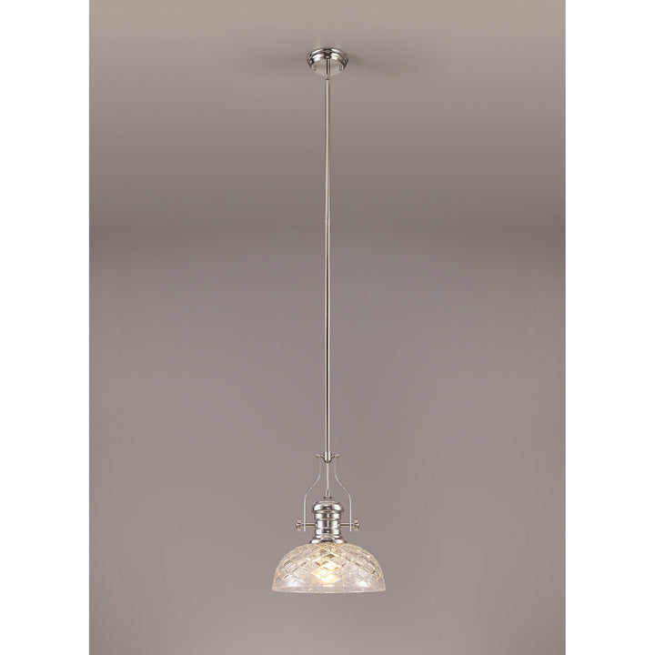 Nelson Lighting NLK04669 Louis Pendant With 30cm Flat Round Patterned Shade Polished Nickel/Clear Glass