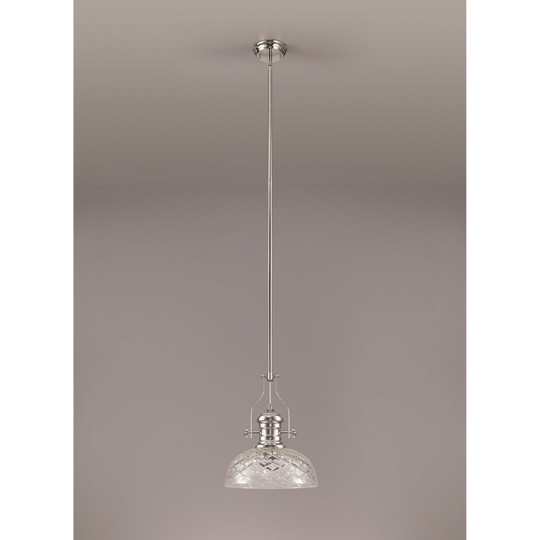 Nelson Lighting NLK04669 Louis Pendant With 30cm Flat Round Patterned Shade Polished Nickel/Clear Glass