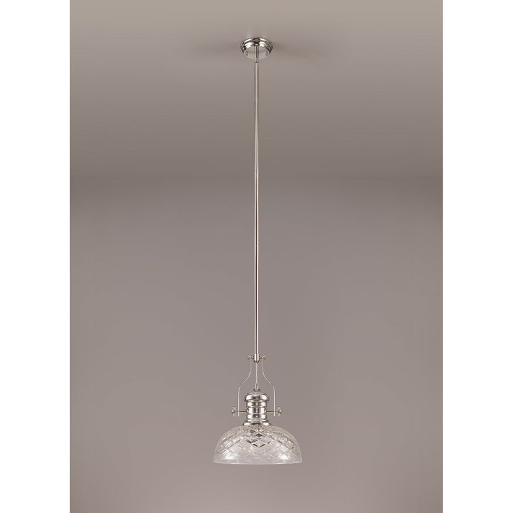 Nelson Lighting NLK04669 Louis Pendant With 30cm Flat Round Patterned Shade Polished Nickel/Clear Glass