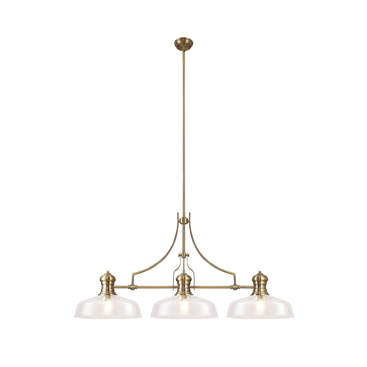 Nelson Lighting NLK04679 Louis Linear Pendant With 38cm Flat Round Shade Antique Brass/Clear Glass