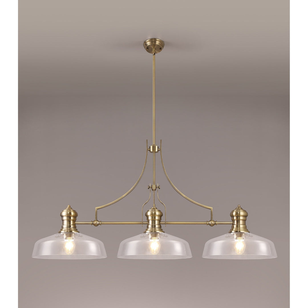 Nelson Lighting NLK04679 Louis Linear Pendant With 38cm Flat Round Shade Antique Brass/Clear Glass