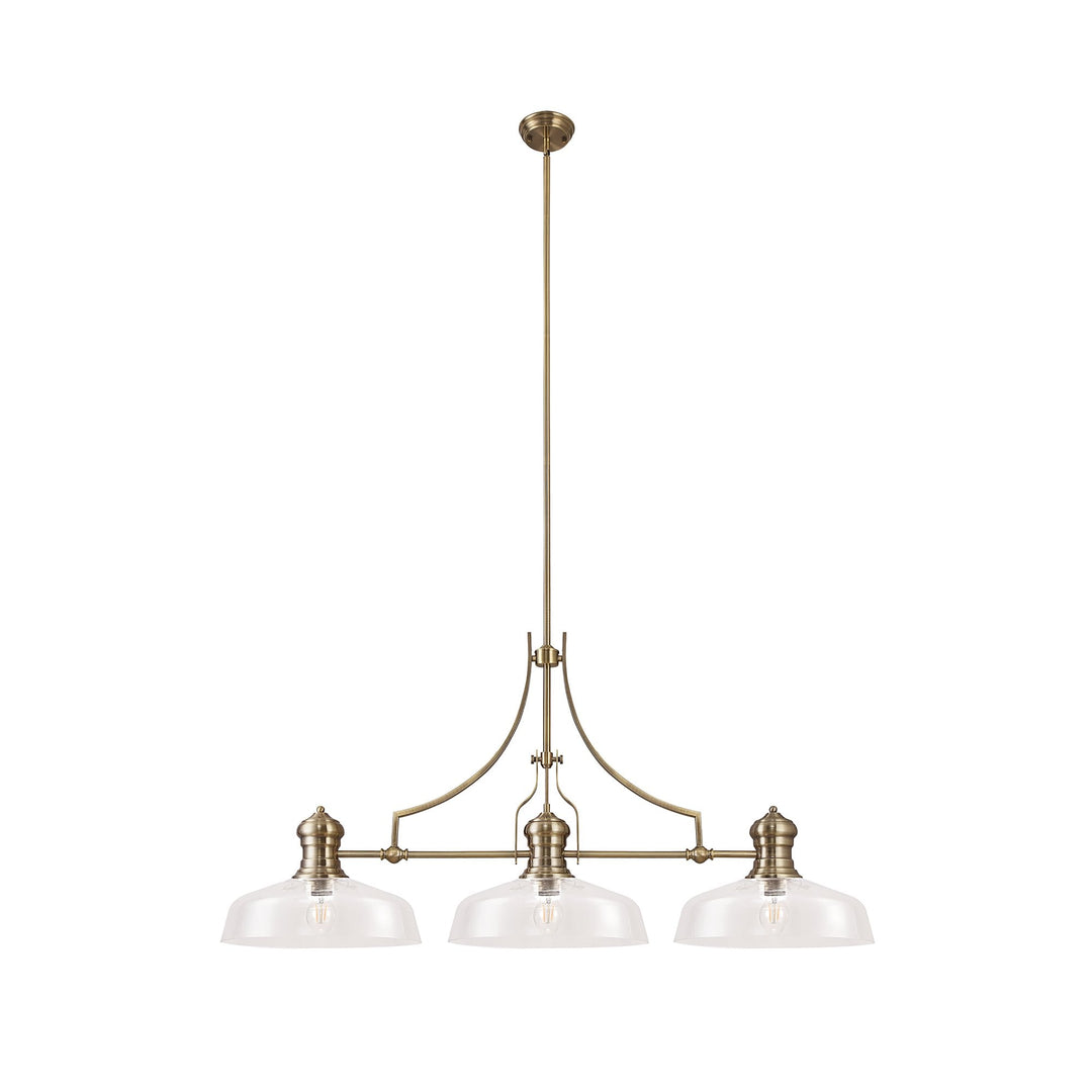 Nelson Lighting NLK04679 Louis Linear Pendant With 38cm Flat Round Shade Antique Brass/Clear Glass