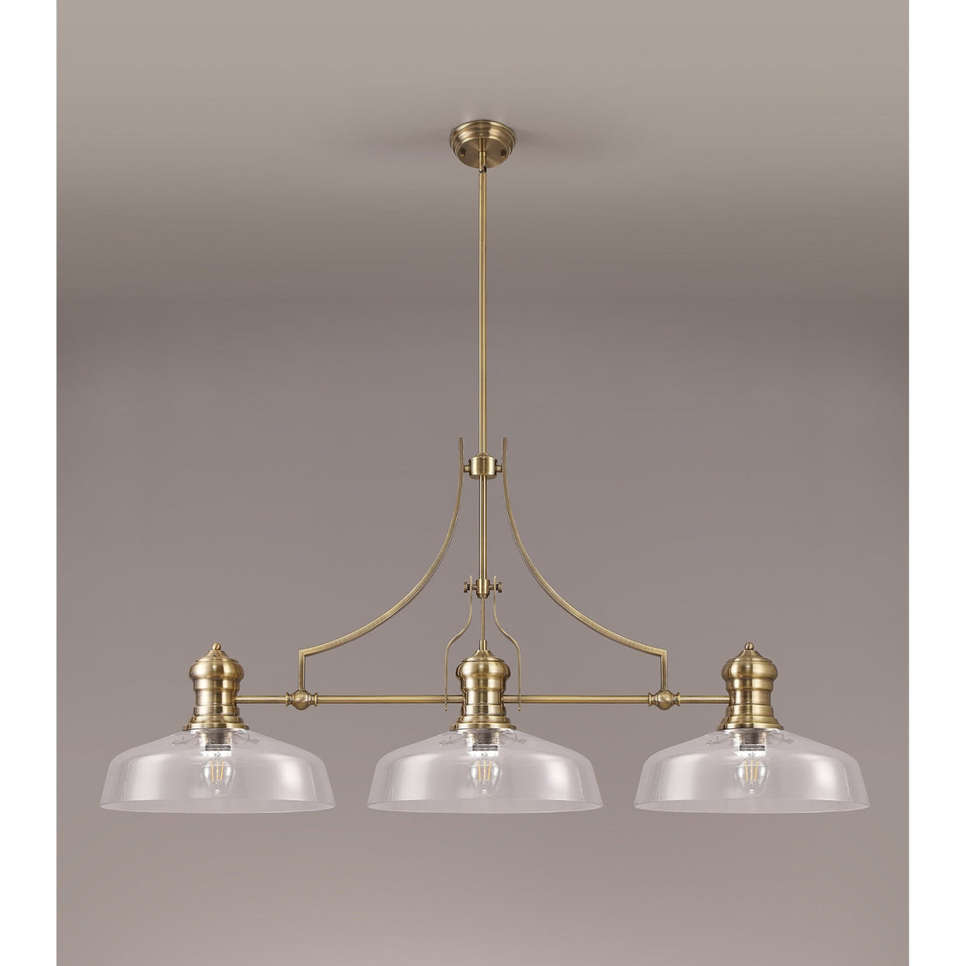 Nelson Lighting NLK04679 Louis Linear Pendant With 38cm Flat Round Shade Antique Brass/Clear Glass