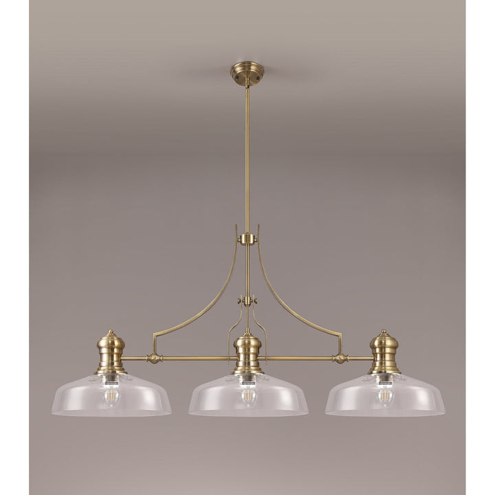 Nelson Lighting NLK04679 Louis Linear Pendant With 38cm Flat Round Shade Antique Brass/Clear Glass