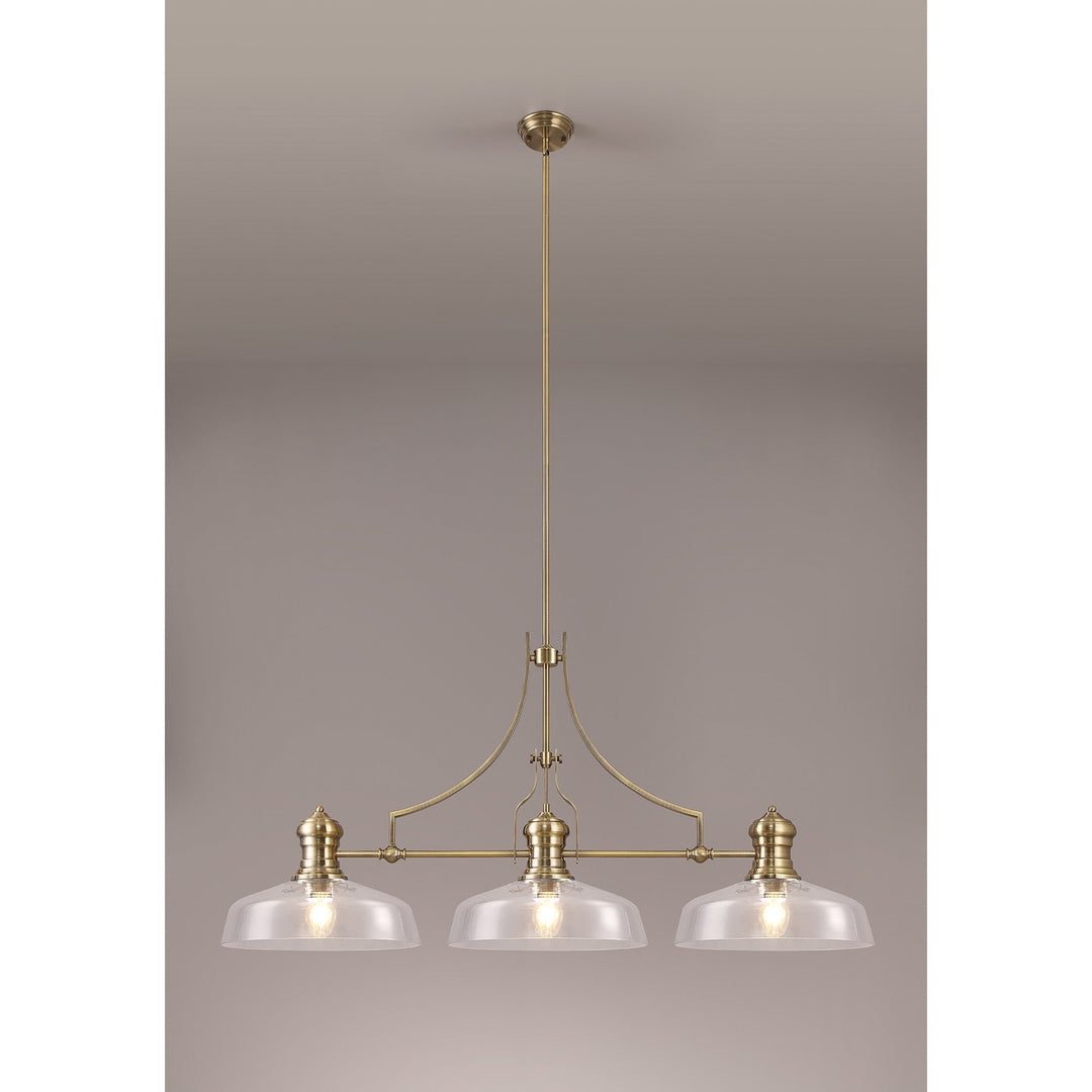 Nelson Lighting NLK04679 Louis Linear Pendant With 38cm Flat Round Shade Antique Brass/Clear Glass