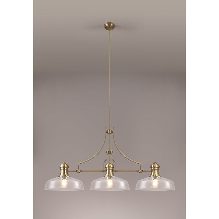 Nelson Lighting NLK04679 Louis Linear Pendant With 38cm Flat Round Shade Antique Brass/Clear Glass