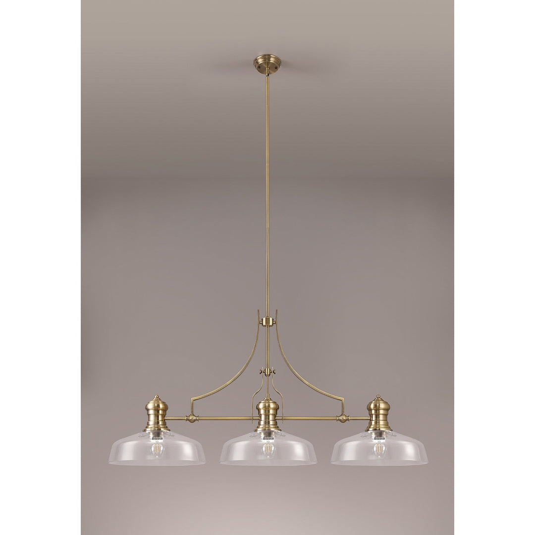 Nelson Lighting NLK04679 Louis Linear Pendant With 38cm Flat Round Shade Antique Brass/Clear Glass