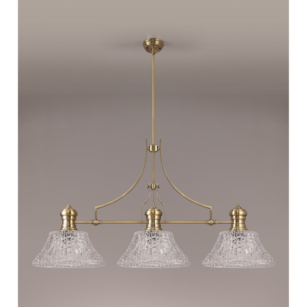 Nelson Lighting NLK04749 Louis Linear Pendant With 38cm Patterned Round Shade Antique Brass/Clear Glass