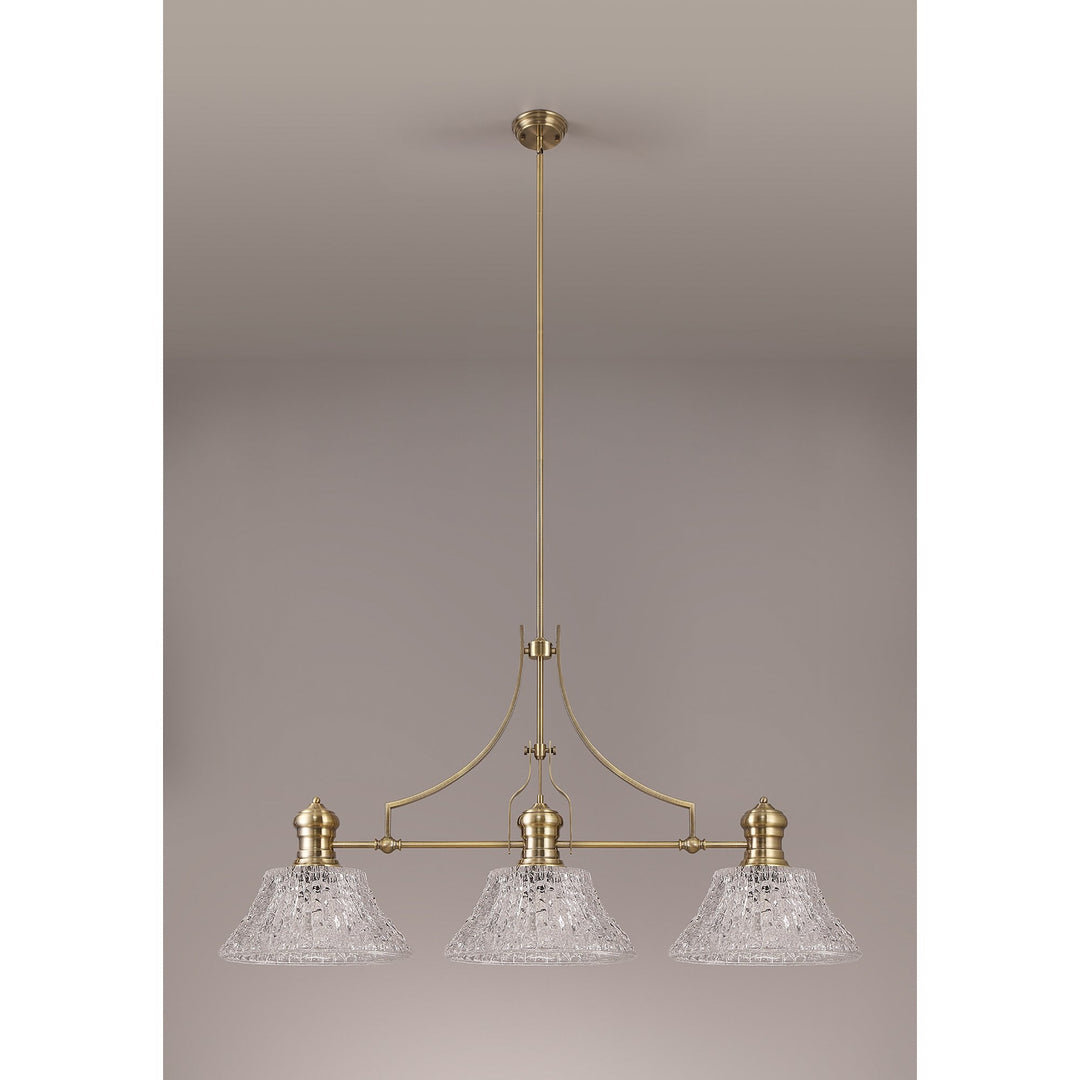 Nelson Lighting NLK04749 Louis Linear Pendant With 38cm Patterned Round Shade Antique Brass/Clear Glass