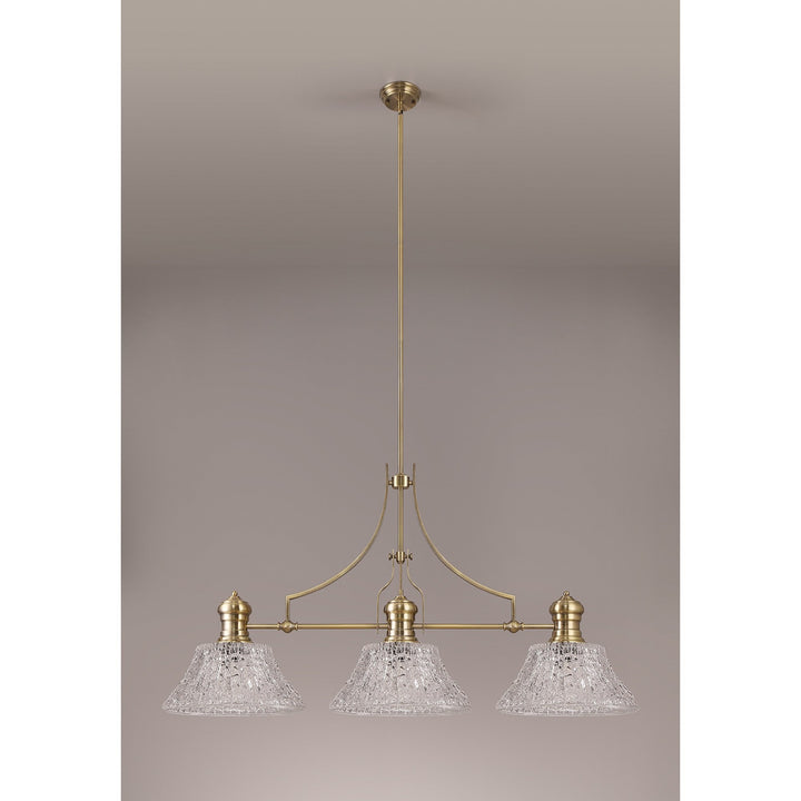 Nelson Lighting NLK04749 Louis Linear Pendant With 38cm Patterned Round Shade Antique Brass/Clear Glass