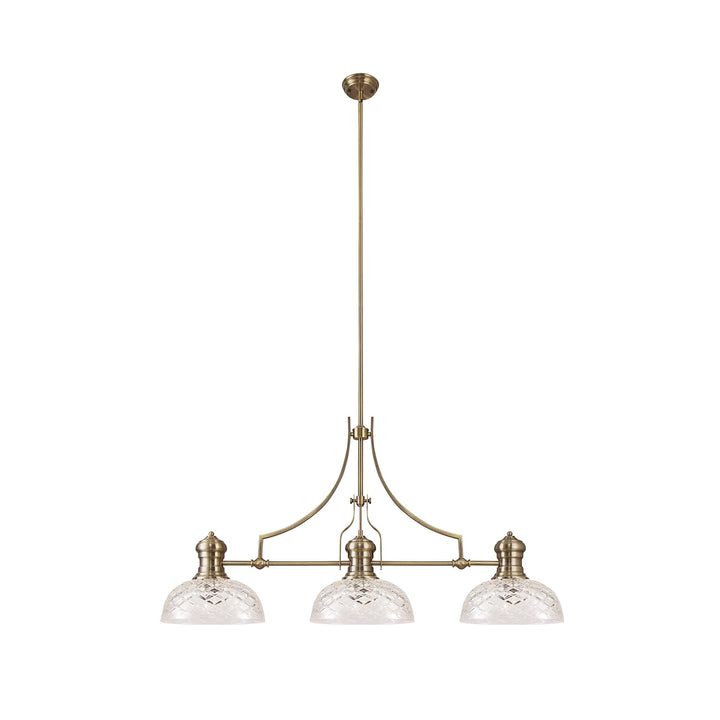 Nelson Lighting NLK04809 Louis Linear Pendant With 30cm Flat Round Patterned Shade Antique Brass/Clear Glass