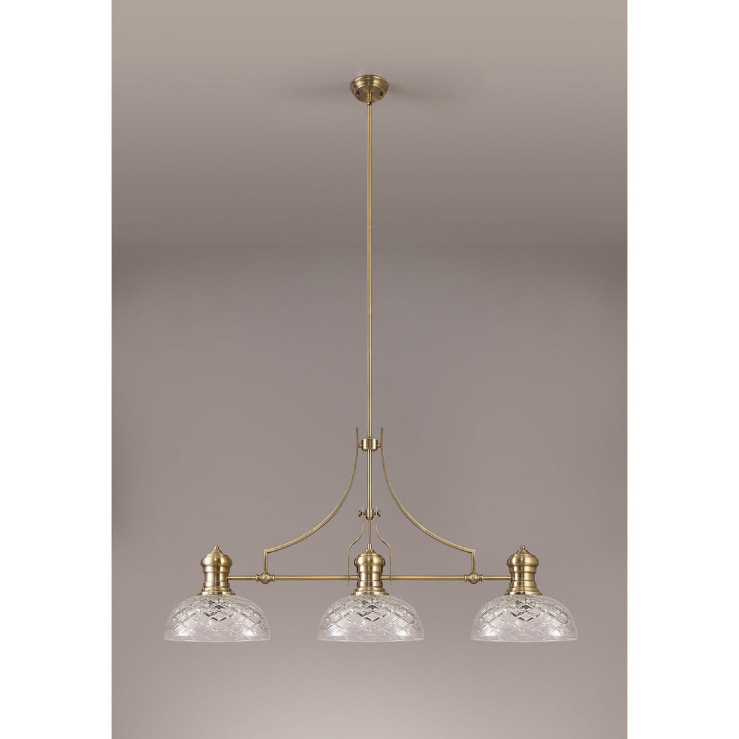 Nelson Lighting NLK04809 Louis Linear Pendant With 30cm Flat Round Patterned Shade Antique Brass/Clear Glass