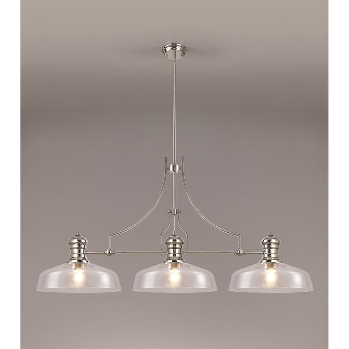 Nelson Lighting NLK04819 Louis Linear Pendant With 38cm Flat Round Shade Polished Nickel/Clear Glass