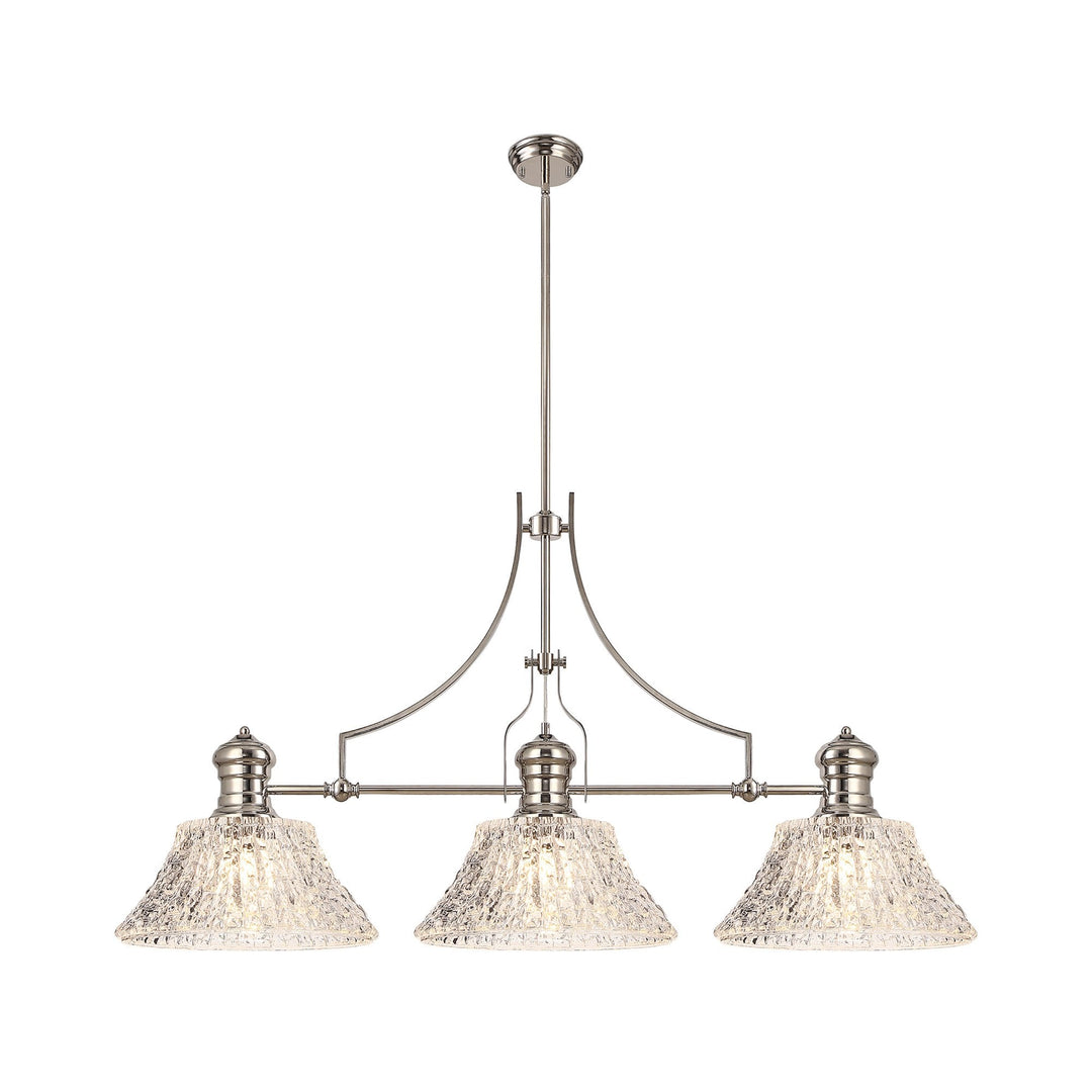 Nelson Lighting NLK04829 Louis Linear Pendant With 38cm Patterned Round Shade Polished Nickel/Clear Glass