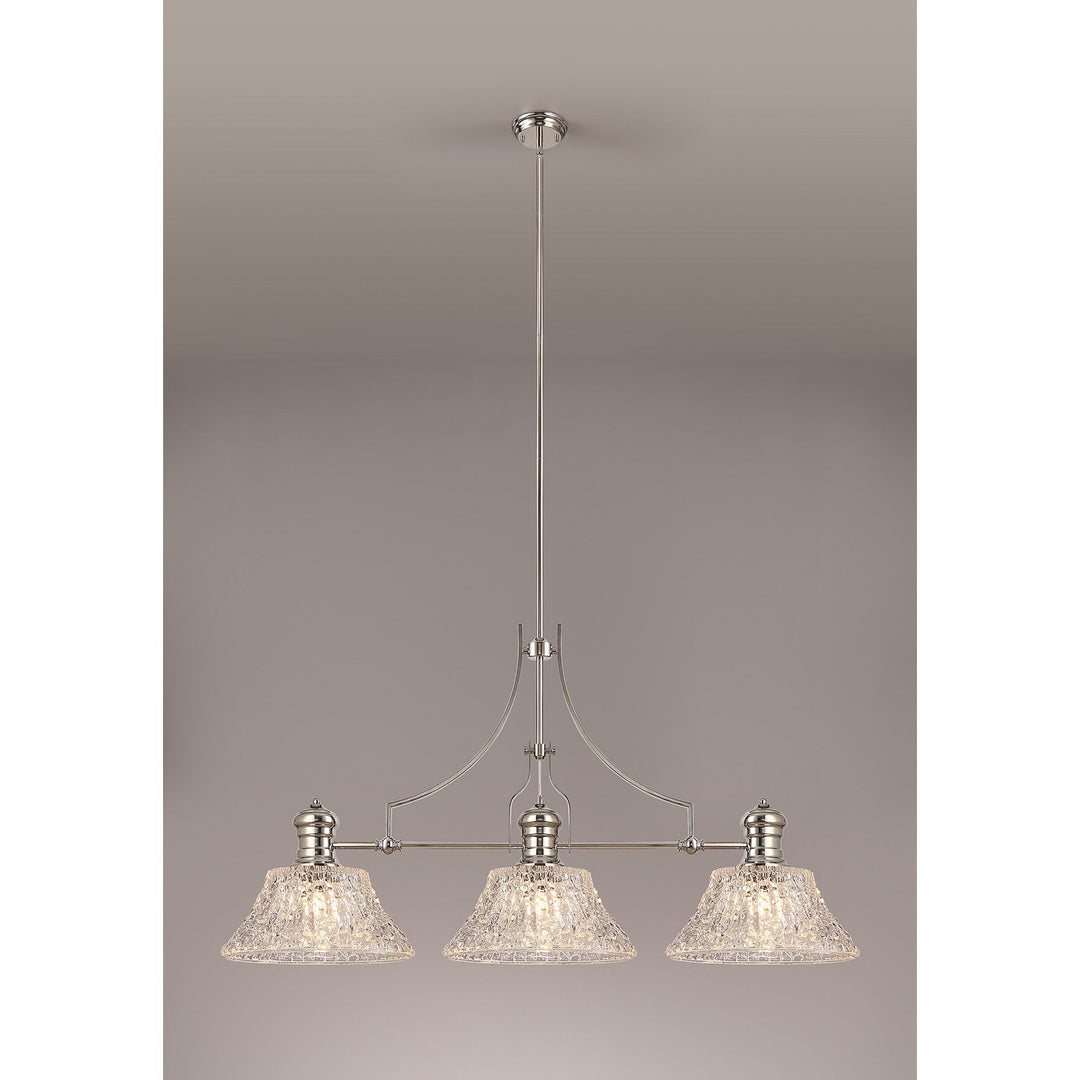 Nelson Lighting NLK04829 Louis Linear Pendant With 38cm Patterned Round Shade Polished Nickel/Clear Glass