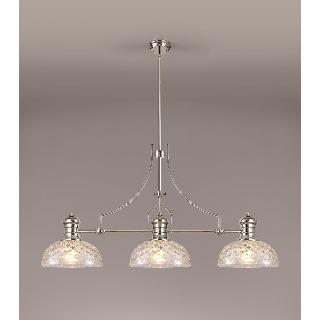 Nelson Lighting NLK04839 Louis Linear Pendant With 30cm Flat Round Patterned Shade Polished Nickel/Clear Glass