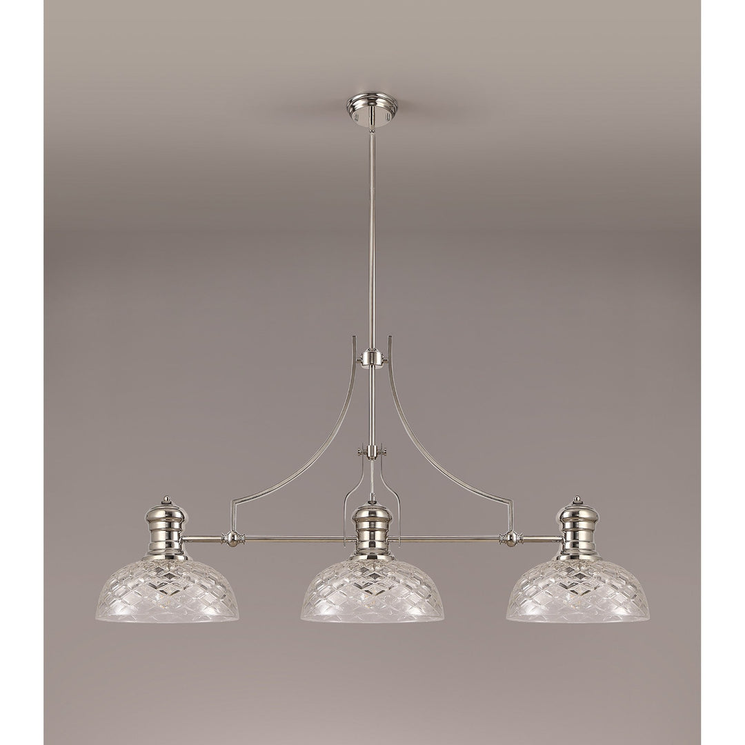 Nelson Lighting NLK04839 Louis Linear Pendant With 30cm Flat Round Patterned Shade Polished Nickel/Clear Glass