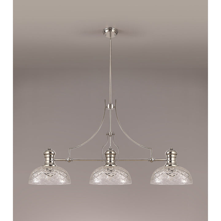 Nelson Lighting NLK04839 Louis Linear Pendant With 30cm Flat Round Patterned Shade Polished Nickel/Clear Glass