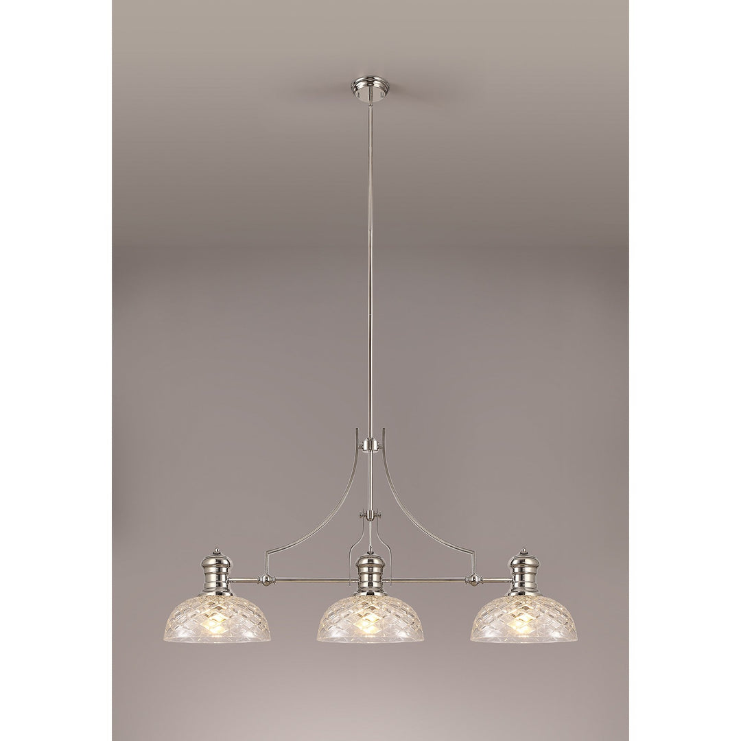 Nelson Lighting NLK04839 Louis Linear Pendant With 30cm Flat Round Patterned Shade Polished Nickel/Clear Glass