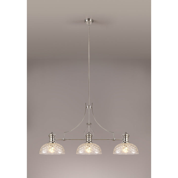 Nelson Lighting NLK04839 Louis Linear Pendant With 30cm Flat Round Patterned Shade Polished Nickel/Clear Glass