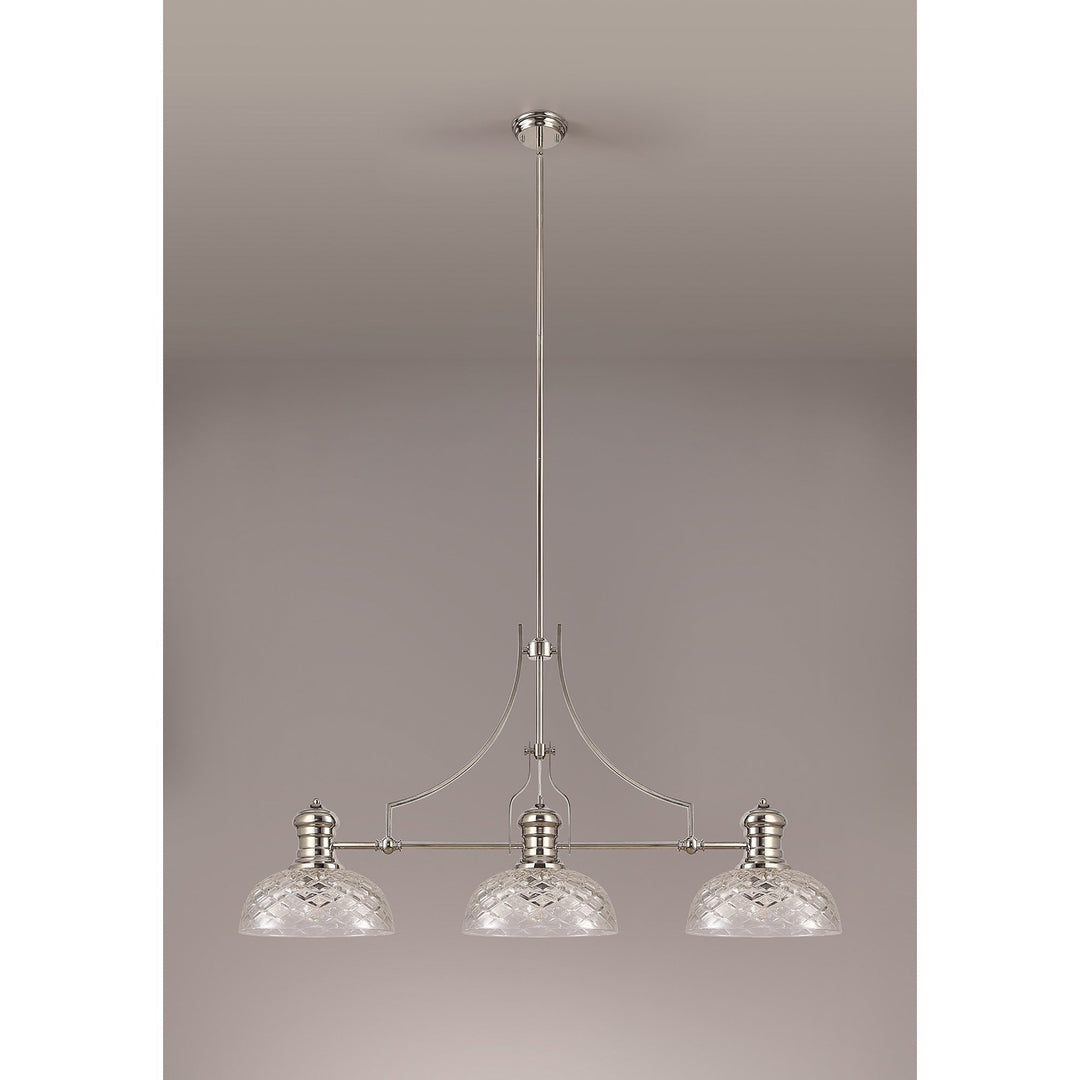 Nelson Lighting NLK04839 Louis Linear Pendant With 30cm Flat Round Patterned Shade Polished Nickel/Clear Glass