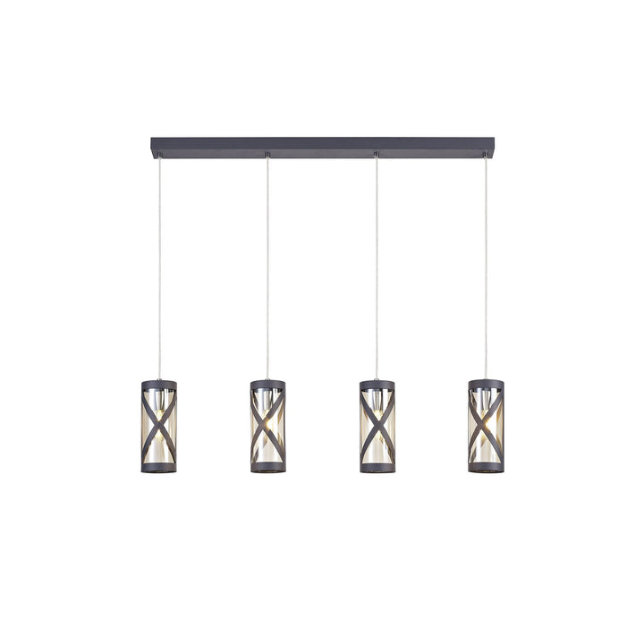 Nelson Lighting NL81159 Nivarna 4 Light Bar Linear Pendant Matt Grey/Polished Chrome/Cognac