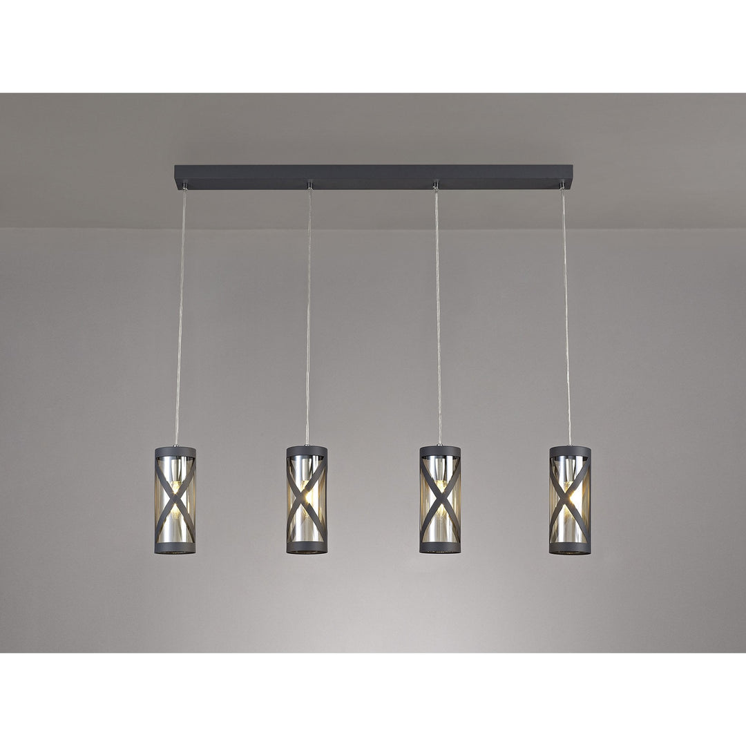 Nelson Lighting NL81159 Nivarna 4 Light Bar Linear Pendant Matt Grey/Polished Chrome/Cognac