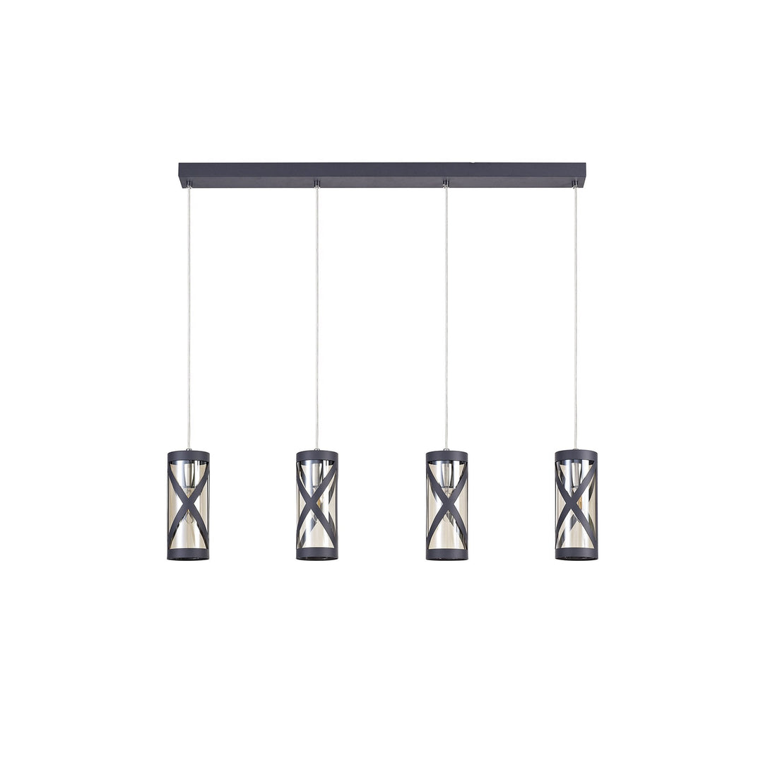 Nelson Lighting NL81159 Nivarna 4 Light Bar Linear Pendant Matt Grey/Polished Chrome/Cognac