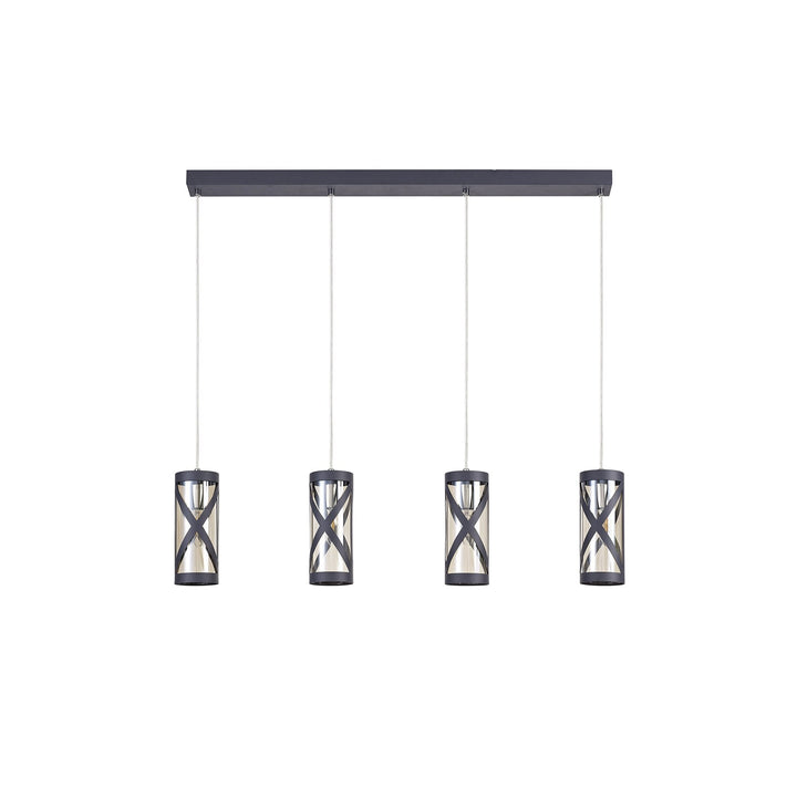 Nelson Lighting NL81159 Nivarna 4 Light Bar Linear Pendant Matt Grey/Polished Chrome/Cognac