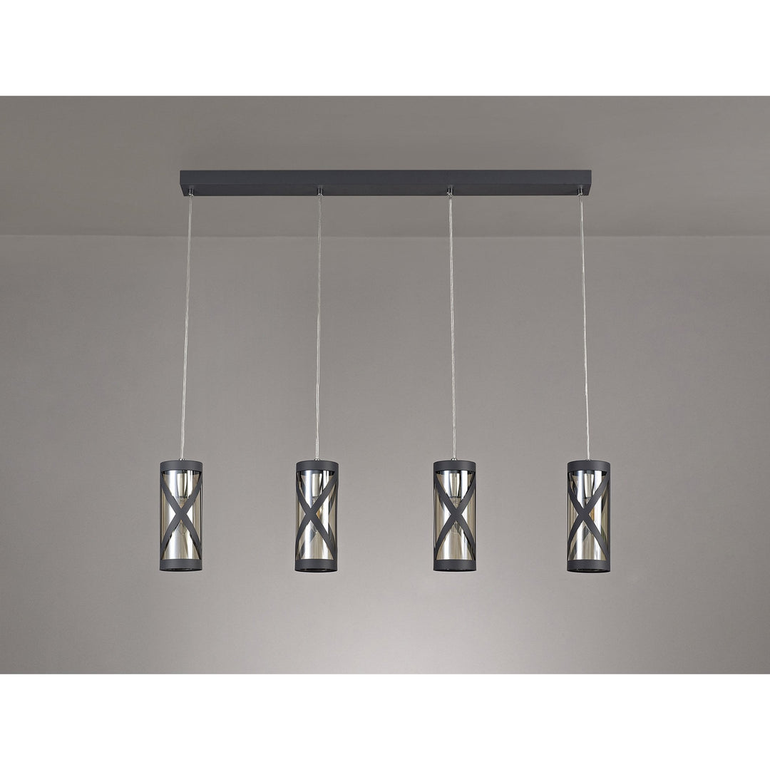 Nelson Lighting NL81159 Nivarna 4 Light Bar Linear Pendant Matt Grey/Polished Chrome/Cognac