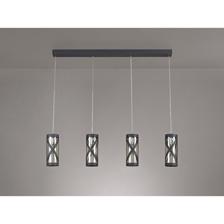 Nelson Lighting NL81159 Nivarna 4 Light Bar Linear Pendant Matt Grey/Polished Chrome/Cognac