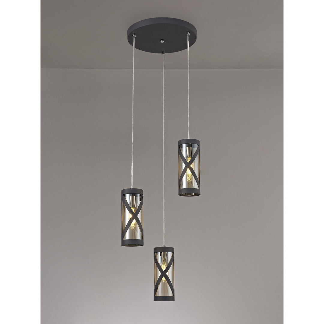 Nelson Lighting NL81169 Nivarna 3 Light Round Pendant Matt Grey/Polished Chrome/Cognac