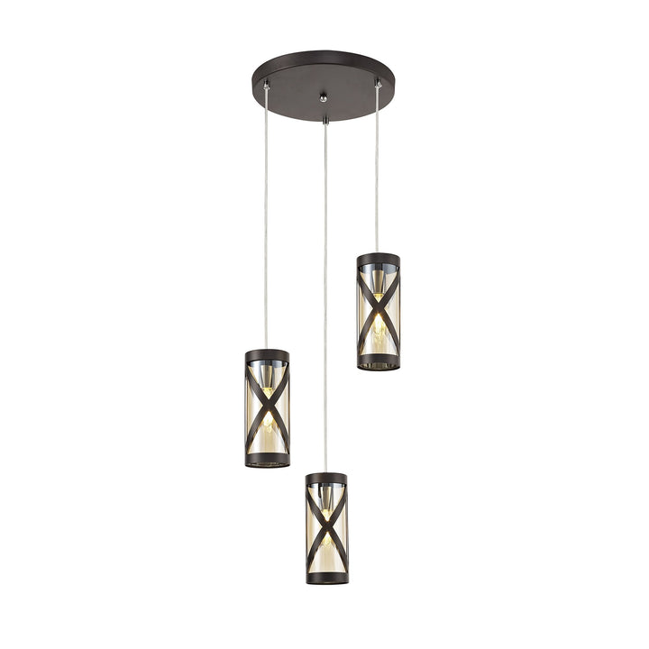 Nelson Lighting NL81489 Nivarna 3 Light Round Pendant Oiled Bronze/Polished Chrome/Amber