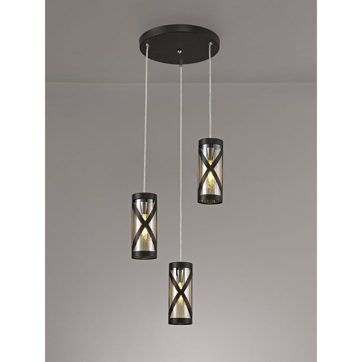 Nelson Lighting NL81489 Nivarna 3 Light Round Pendant Oiled Bronze/Polished Chrome/Amber