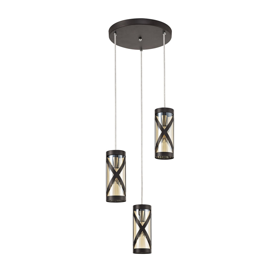 Nelson Lighting NL81489 Nivarna 3 Light Round Pendant Oiled Bronze/Polished Chrome/Amber