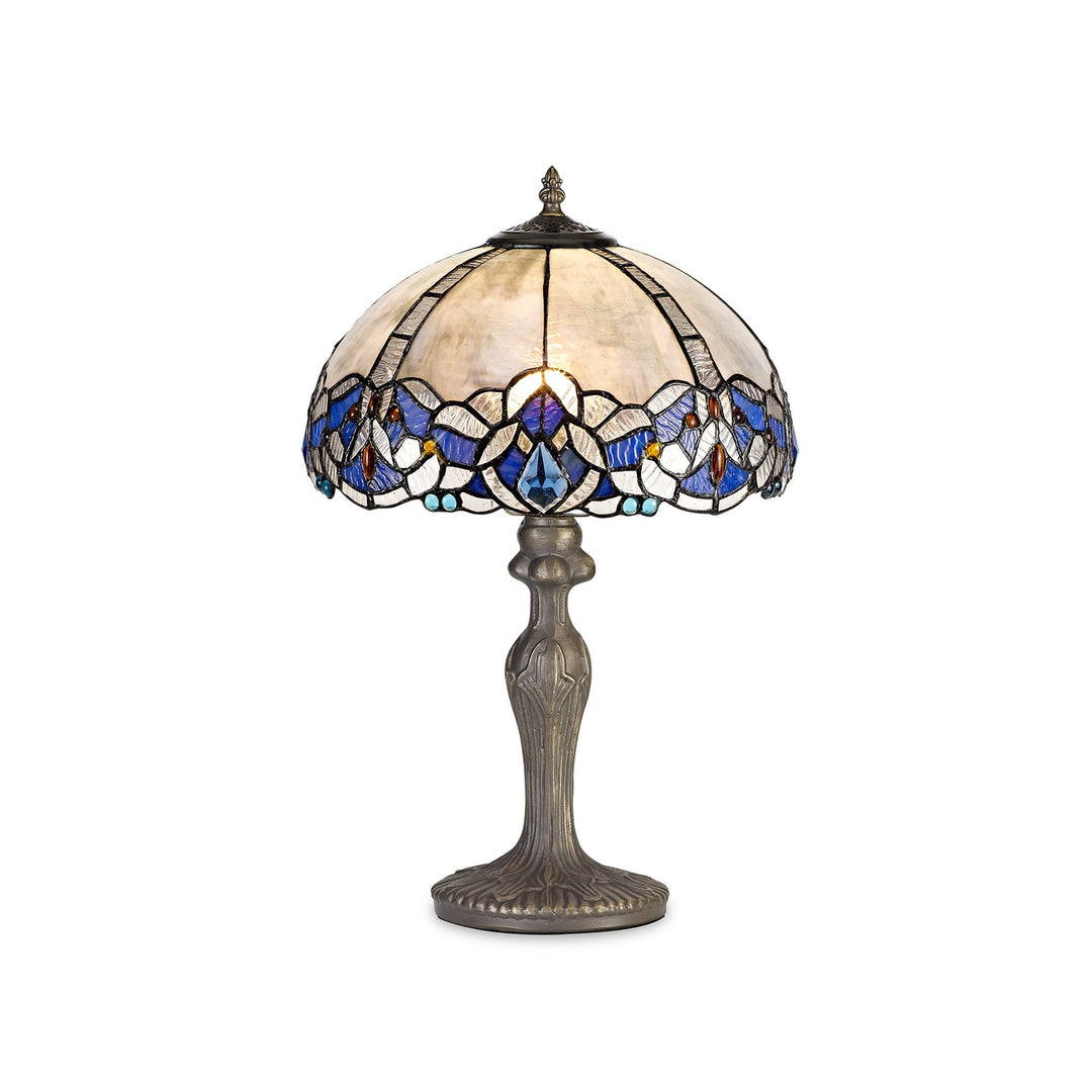 Nelson Lighting NLK01449 Ossie 1 Light Curved Table Lamp With 30cm Tiffany Shade Blue/Aged Antique Brass