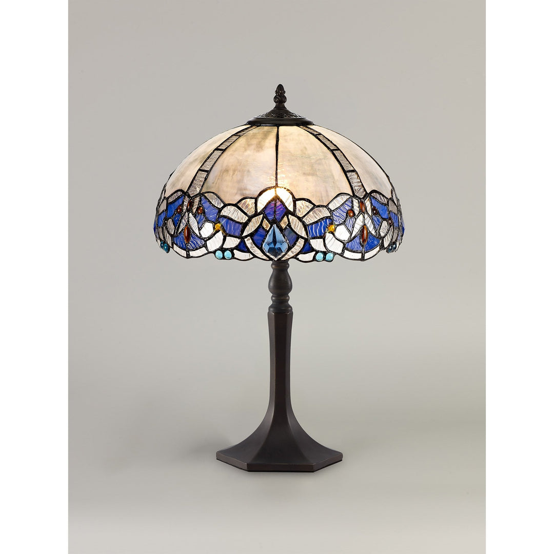 Nelson Lighting NLK01459 Ossie 1 Light Octagonal Table Lamp With 30cm Tiffany Shade Blue/Aged Antique Brass