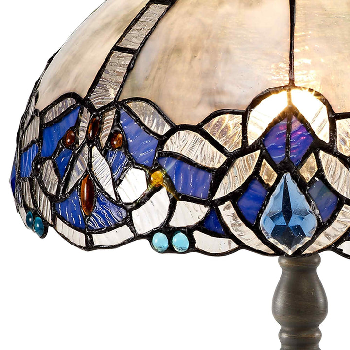 Nelson Lighting NLK01459 Ossie 1 Light Octagonal Table Lamp With 30cm Tiffany Shade Blue/Aged Antique Brass