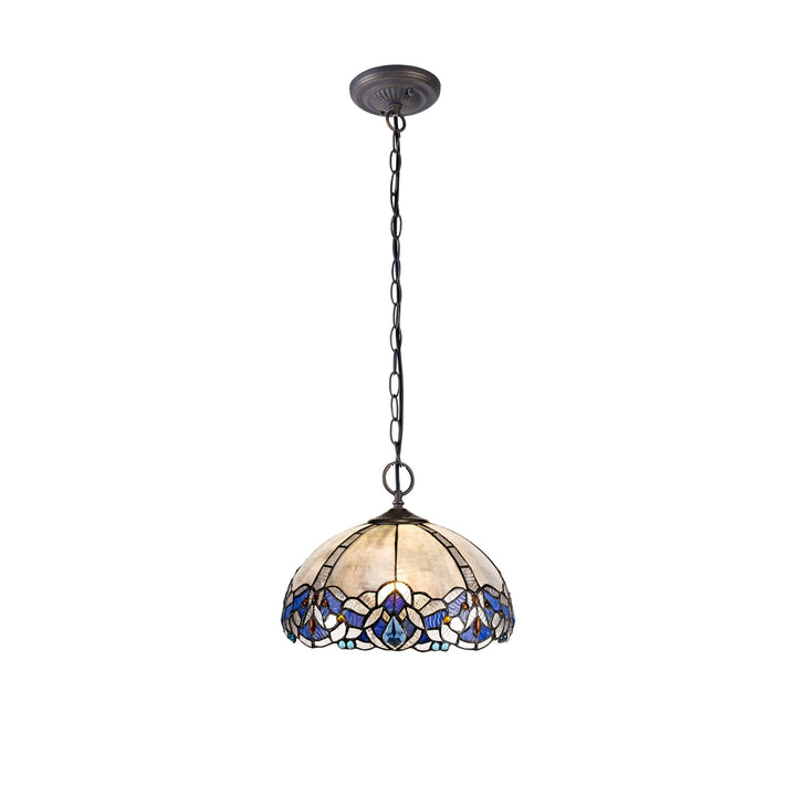 Nelson Lighting NLK01479 Ossie 2 Light Down Light Pendant With 30cm Tiffany Shade Blue/Aged Antique Brass