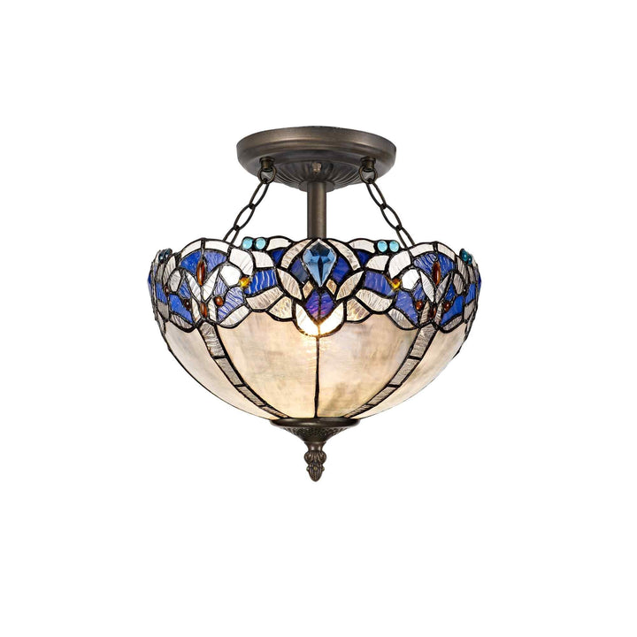 Nelson Lighting NLK01499 Ossie 2 Light Semi Ceiling With 30cm Tiffany Shade Blue/Aged Antique Brass