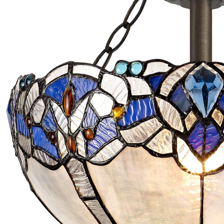 Nelson Lighting NLK01499 Ossie 2 Light Semi Ceiling With 30cm Tiffany Shade Blue/Aged Antique Brass