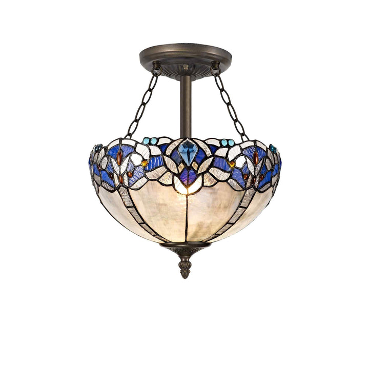 Nelson Lighting NLK01509 Ossie 3 Light Semi Ceiling With 30cm Tiffany Shade Blue/Aged Antique Brass